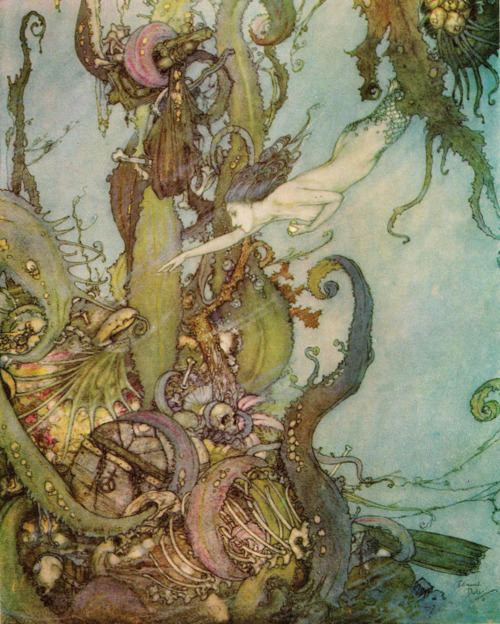 Illustration by Edmund Dulac, 1911. The mermaid swims past a shipwreck filled with bones and seaweed.